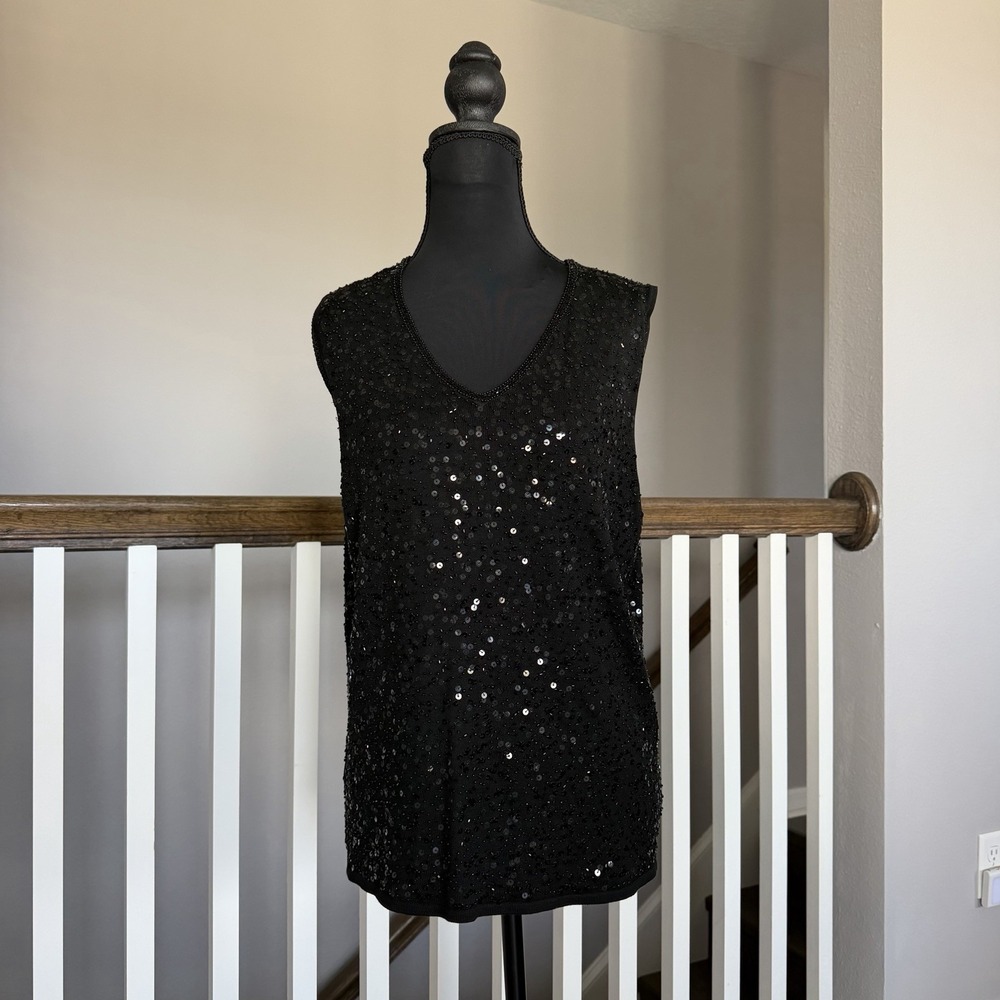 Talbots Silk Sequin Sleeveless Tank Top XL Black Party Holiday Evening Cocktail